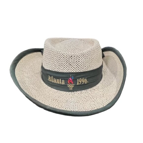 Atlanta 1996 Straw Sun Hat Women's 'The Game' Olympics 100 Green Tie One Size - Picture 1 of 11
